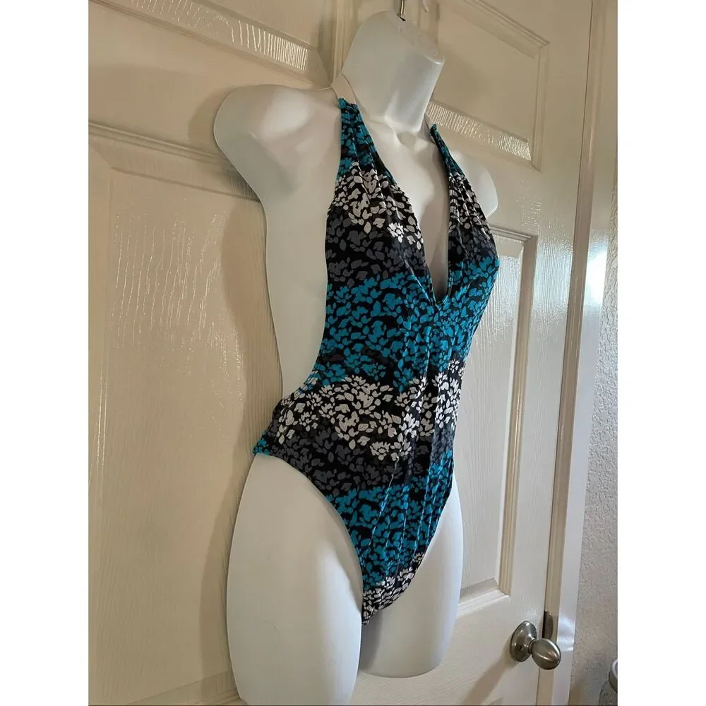 Icon Swim Medium One Piece Bikini Plunge Neck Halter Open Back Blue